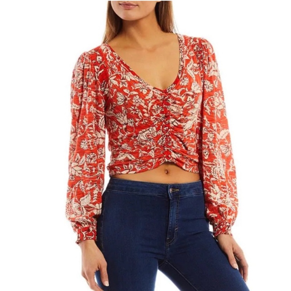 Free People Say the Word Ruched Floral V-Neck Top Blood Orange Women’s Size XL